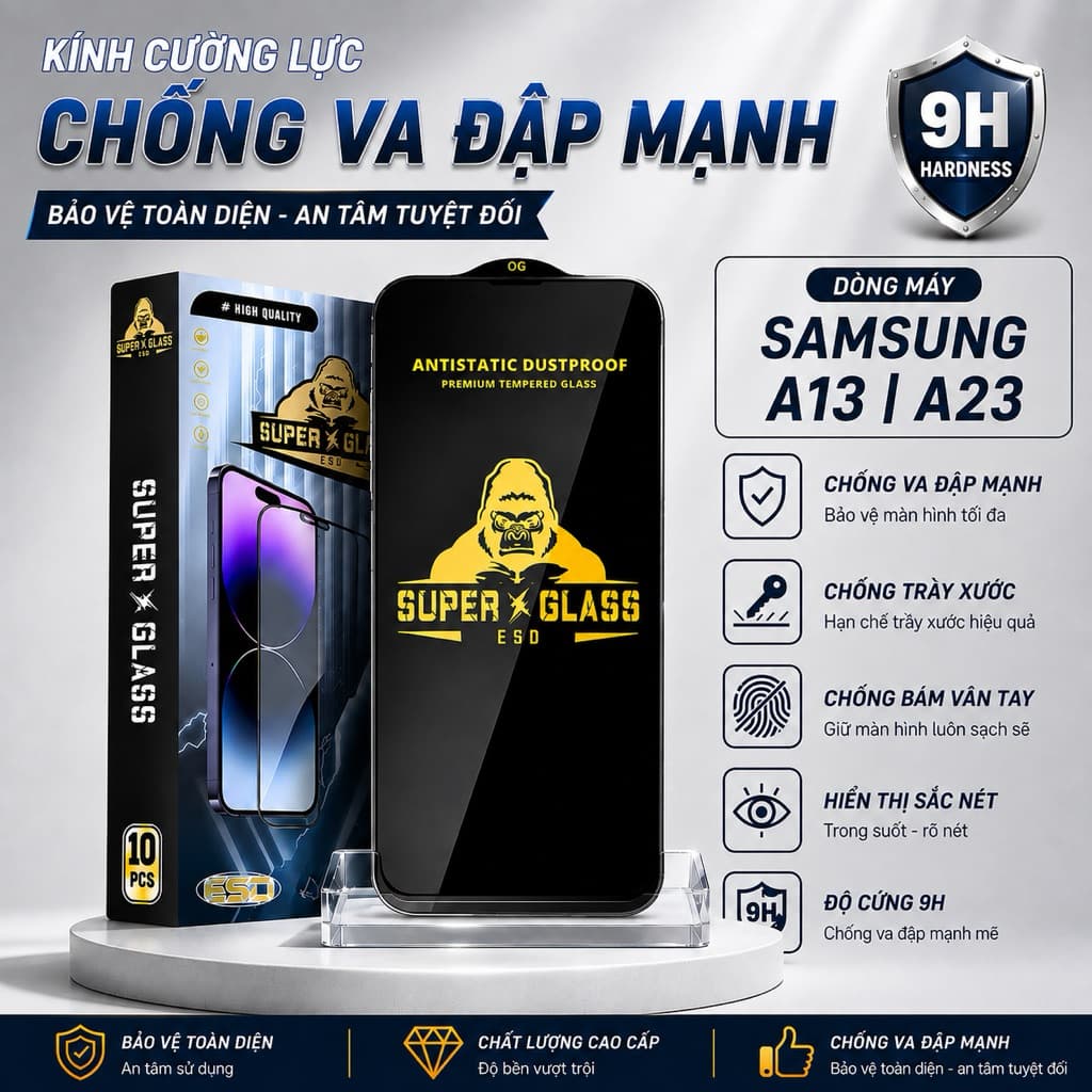 Kính cường lực Samsung A13, A23 cao cấp thế hệ mới full màn miếng dán bảo vệ màn hình điện thoại