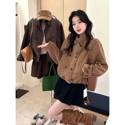 (Hàng QC) Áo Khoác Da Lộn Dáng Lửng Cổ Cao Tuỳ Chỉnh Basic Dễ phối đồ phong cách Hàn Quốc 1