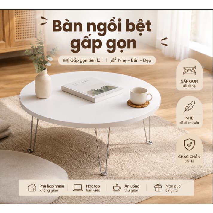 Bàn tròn Ngồi Bệt Gấp Gọn Mini( chân kẹp V ) – Bàn Xếp Học Trên Giường, Đi Dã Ngoại_Gỗ MDF Dày 18mm