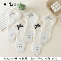Tất Nữ Cổ Ngắn Cotton Chải Kỹ Mềm Mịn, Tất Nữ Phối Nơ Dễ Thương Phong Cách Hàn Quốc, Thoáng Khí Thoải Mái Set 5 Đôi 3