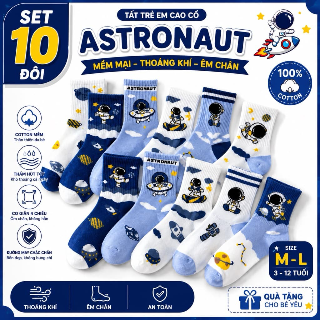 Set 10 Đôi Tất Trẻ Em Cao Cổ Phi Hành Gia Astronaut Cotton Mềm Size M-L 3-12 Tuổi