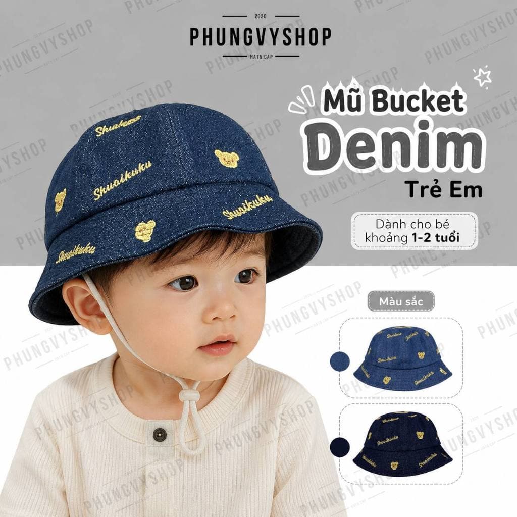 Bé 1- 2 Tuổi.  Mũ nón denim bucket tai bèo vành trẻ em trai gái PHUNGVYSHOP- / Bo Nhí Jean GẤU SHUAI /