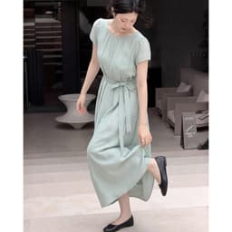 Lily.clothes- Váy đầm nữ dáng dài cổ tròn cộc tay xếp ly eo kèm dây buộc nơ vải đũi tơ style Hàn Quốc - Yuna Dress (V63) 2