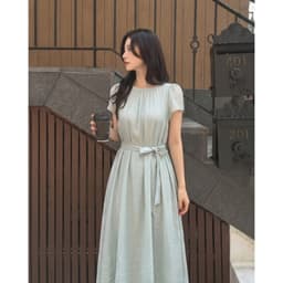 Lily.clothes- Váy đầm nữ dáng dài cổ tròn cộc tay xếp ly eo kèm dây buộc nơ vải đũi tơ style Hàn Quốc - Yuna Dress (V63) 4