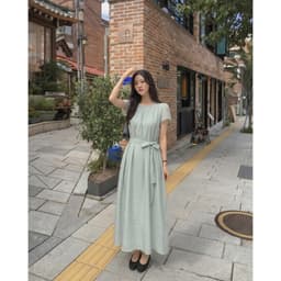 Lily.clothes- Váy đầm nữ dáng dài cổ tròn cộc tay xếp ly eo kèm dây buộc nơ vải đũi tơ style Hàn Quốc - Yuna Dress (V63) 7