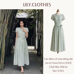 Lily.clothes- Váy đầm nữ dáng dài cổ tròn cộc tay xếp ly eo kèm dây buộc nơ vải đũi tơ style Hàn Quốc - Yuna Dress (V63) 1