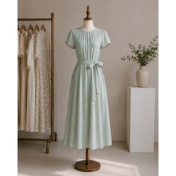 Lily.clothes- Váy đầm nữ dáng dài cổ tròn cộc tay xếp ly eo kèm dây buộc nơ vải đũi tơ style Hàn Quốc - Yuna Dress (V63) 8