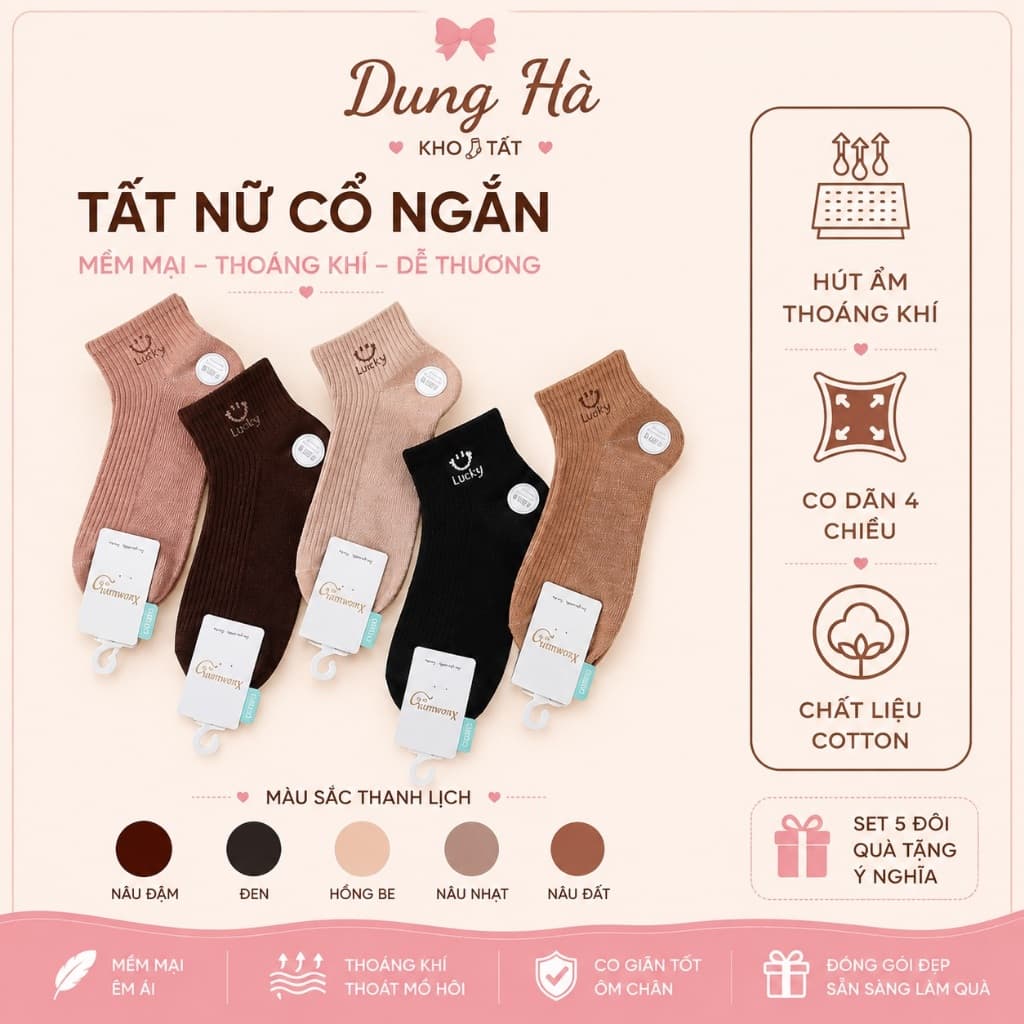 Set 10 Đôi Tất Nữ Cổ Ngắn Cotton Mềm Mại Kẻ Tăm Họa Tiết Mặt Cười Lucky Co Giãn Thoáng Khí Freesize 35-40