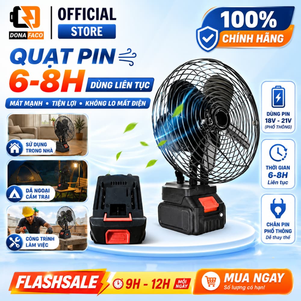 Quạt tích đIện chân pin 10 cell dùng liên tục  6-8h, quạt sạc để bàn mini 2 cấp độ gió siêu mát