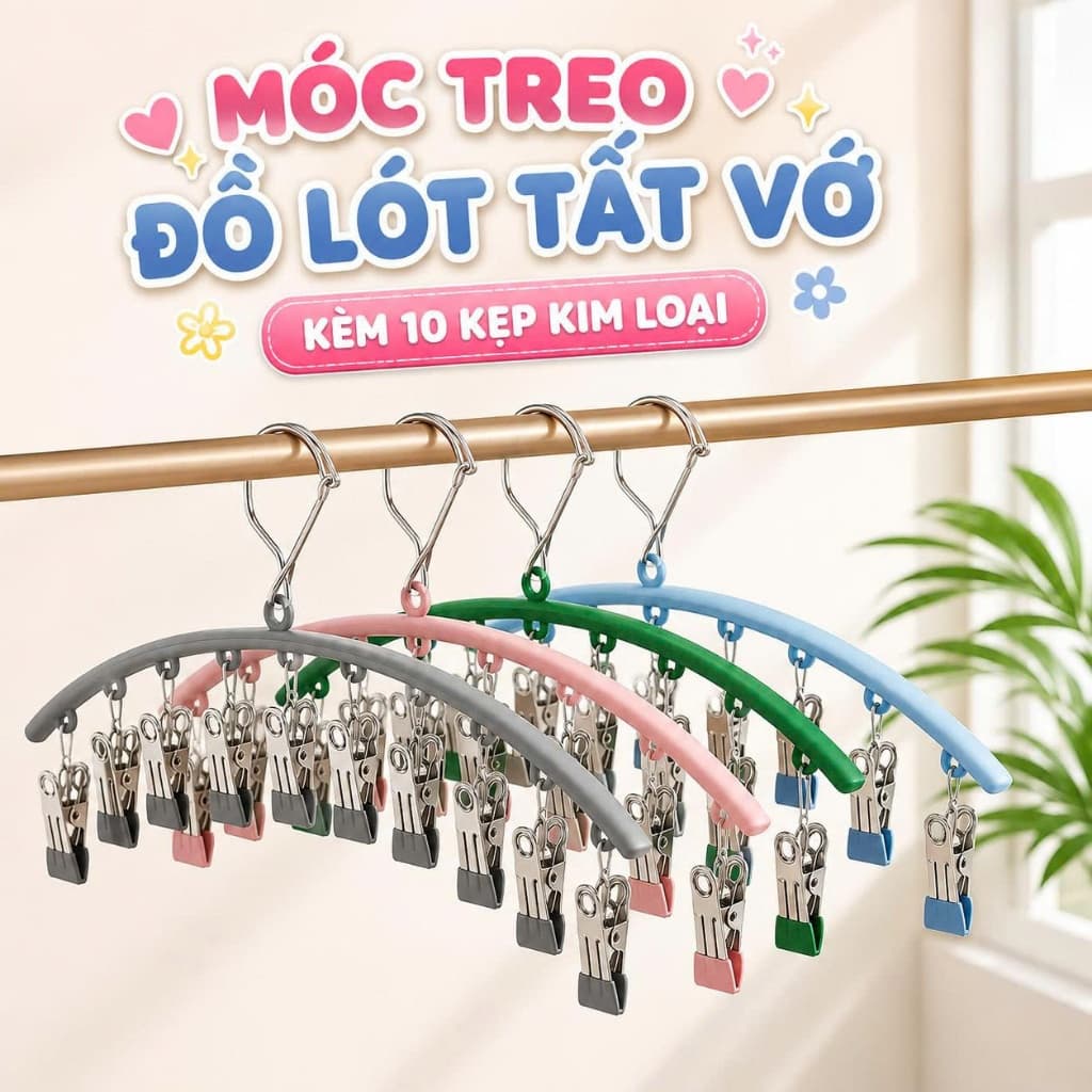 Móc treo đồ lót,tất vớ kèm 10 kẹp kim loại đa năng