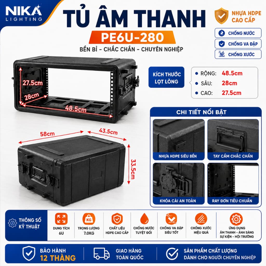 Tủ âm thanh nhựa HDPE 6U đựng Mic và thiết bị âm thanh sâu 28cm