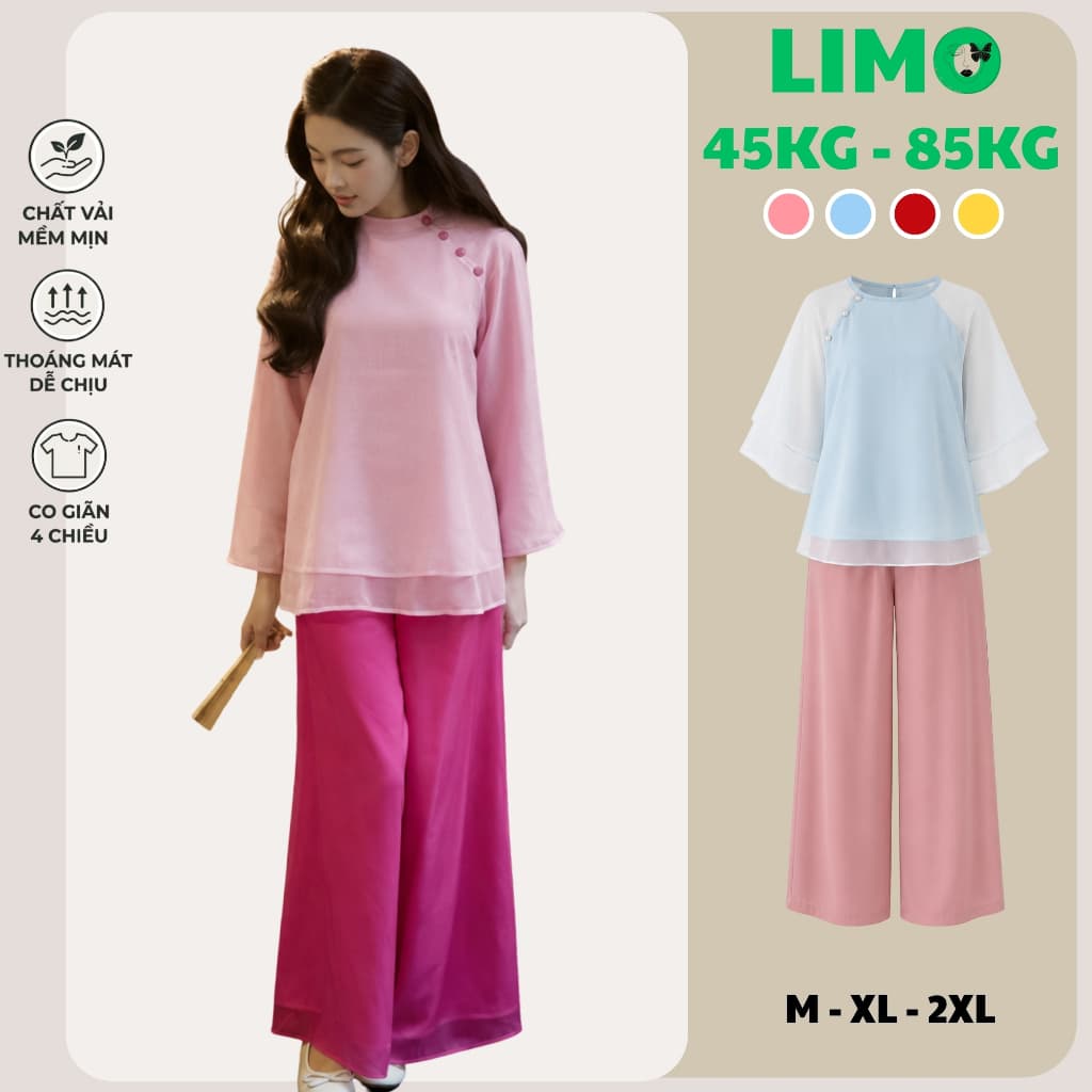 Set Pháp Phục Nữ Bigsize 45-90kg Áo Tơ Voan Quần Lụa Cách Tân Thanh Lịch Đồ Lam Đi Chùa MS317 LIMO