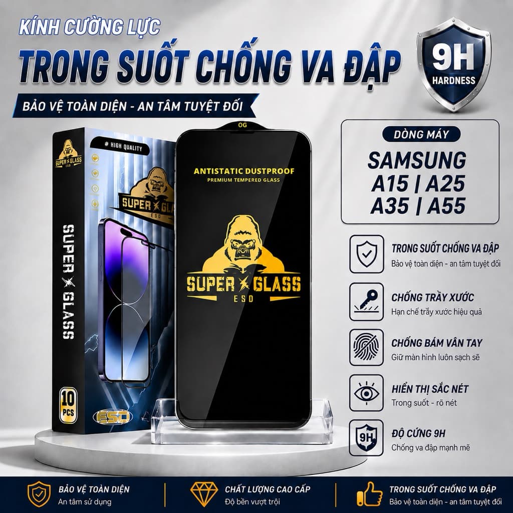 Kính cường lực Samsung A15, A25, A35, A55 5G cao cấp full màn miếng dán bảo vệ màn hình điện thoại