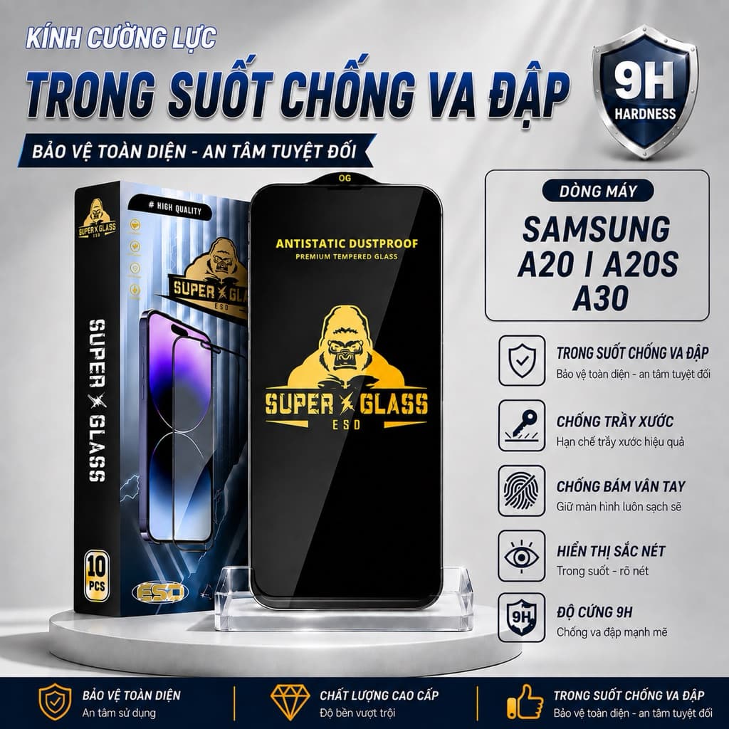 Kính cường lực Samsung A20, A30, A20S cao cấp full màn miếng dán bảo vệ màn hình điện thoại