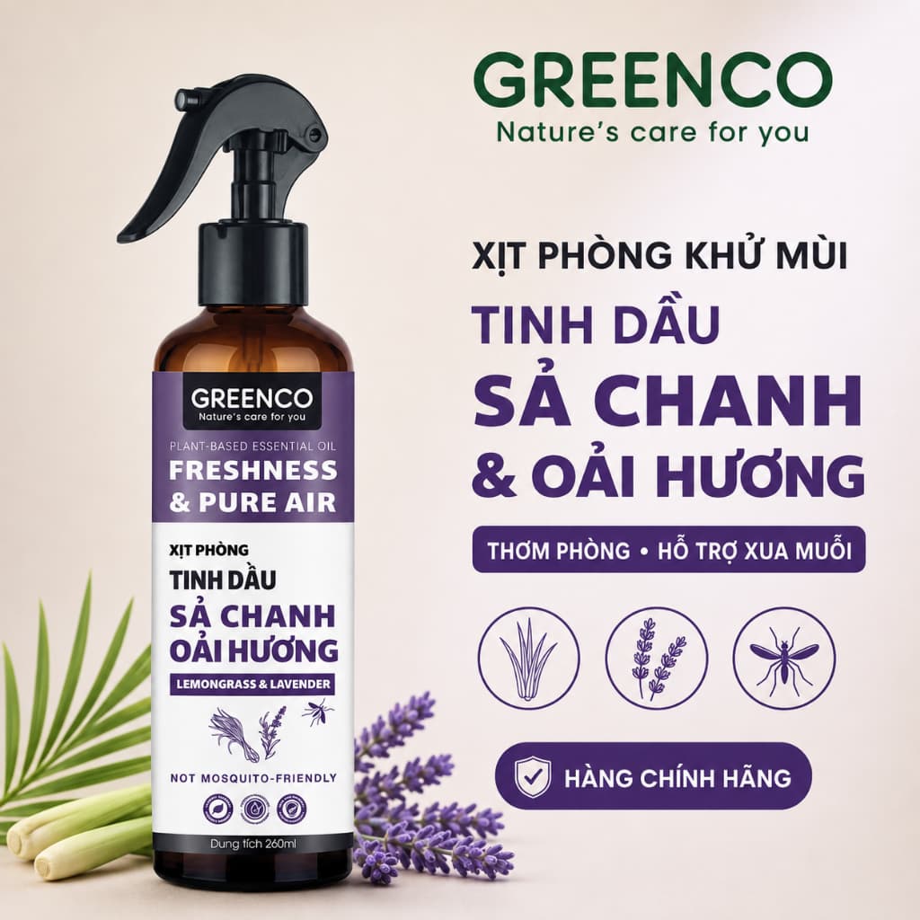 Xịt thơm phòng tinh dầu Sả Chanh & Oải Hương Greenco 250ml- Khử mùi, làm thơm và hỗ trợ đuổi muỗi, côn trùng phòng ngủ