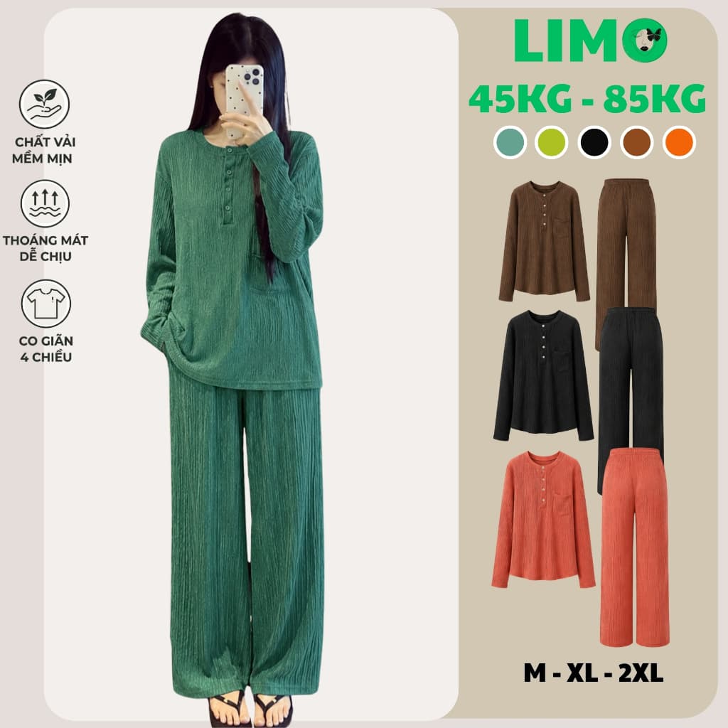 Set Đồ Bộ Nữ Ủ Kem Bigsize Tay Dài Quần Dài Thun Xốp Bộ Mặc Nhà Thu Đông Mềm Mịn Ấm Áp UK68 LIMO