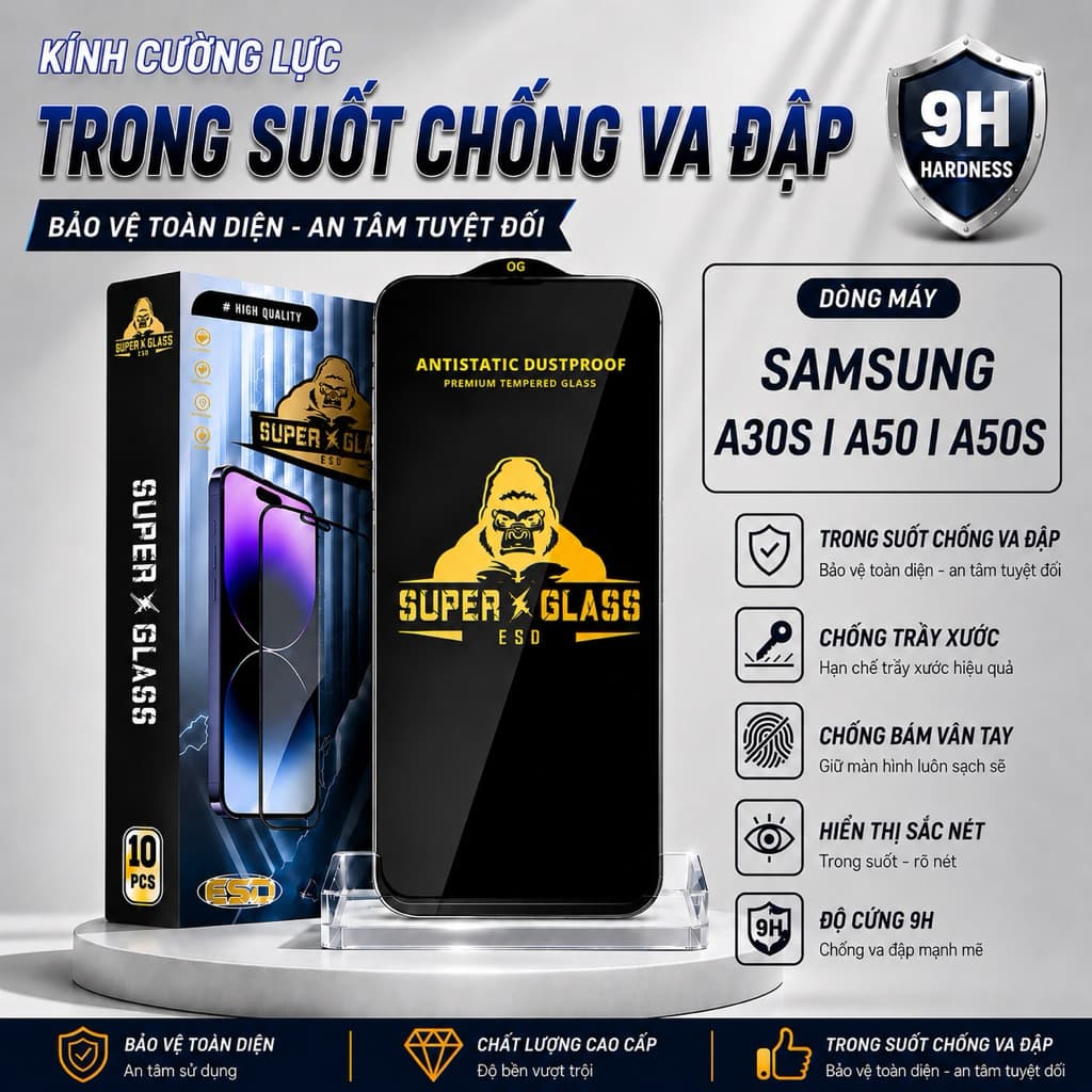 Kính cường lực Samsung A50, A50s, A30s cao cấp full màn miếng dán bảo vệ màn hình điện thoại