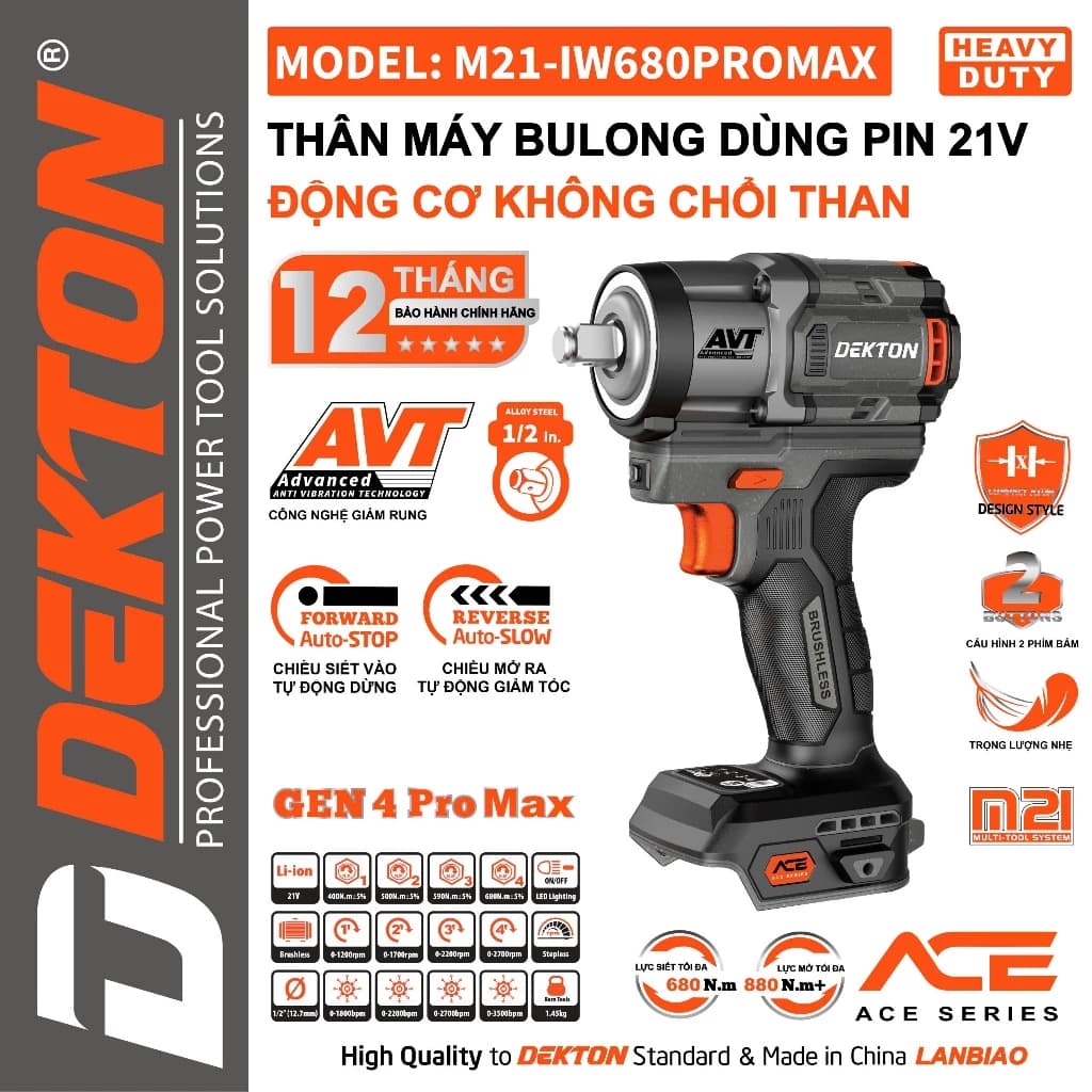 Máy Siết Bulong Pin Dekton M21-IW680PROMAX - Lực Siết 680Nm/Lực Mở 880Nm - Công Nghệ Giảm Rung AVT