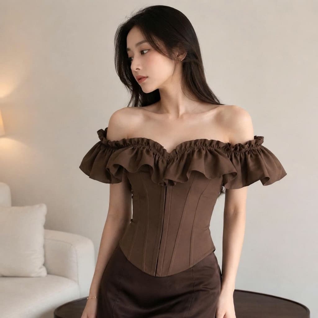 Áo Croset Trễ Vai Tay Nhún Bèo Mắc Gài Nữ Tính, Sang Trọng