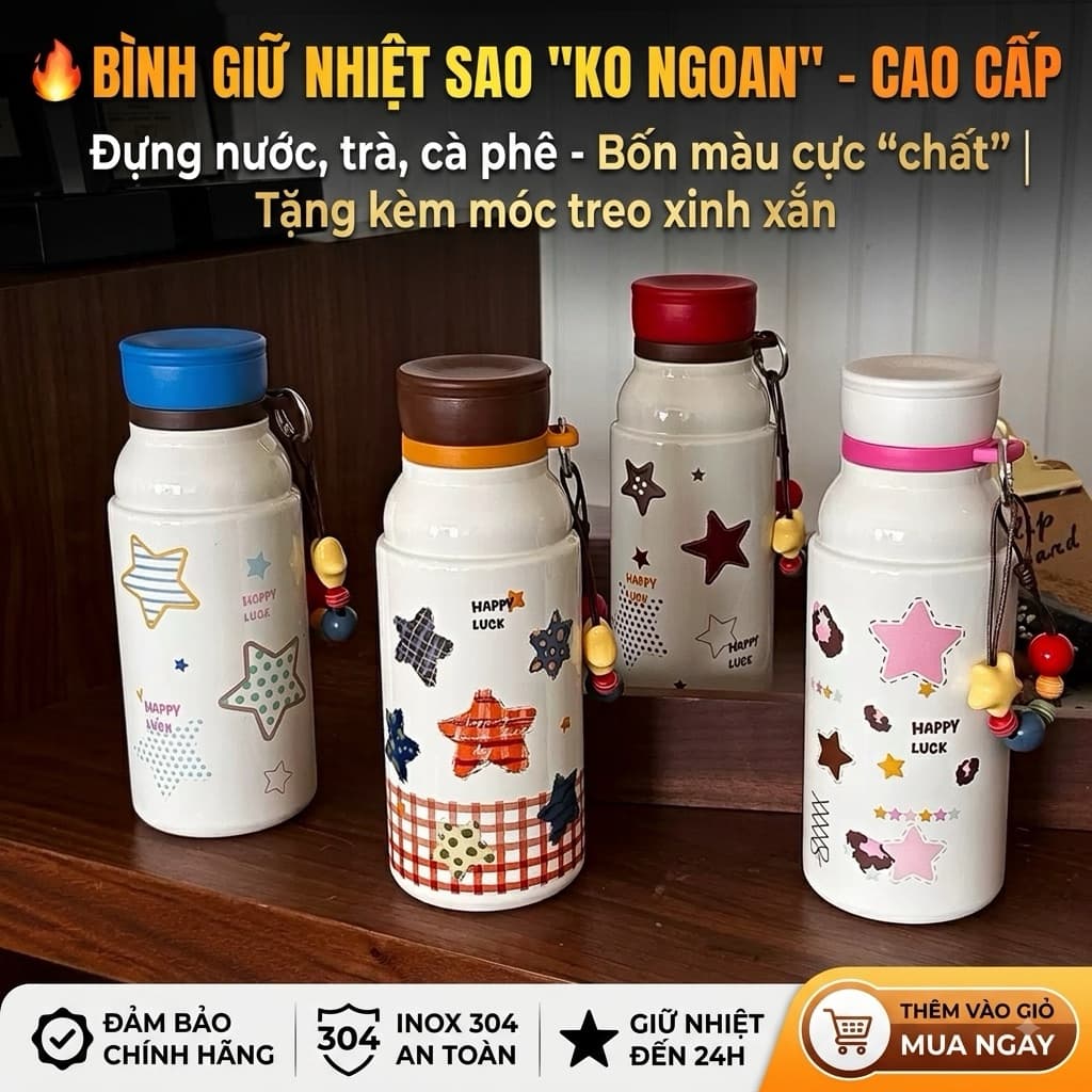 Bình Giữ Nhiệt Lõi Inox 316 Cao Cấp 500ml Họa Tiết Ngôi Sao Dễ Thương Có Ống Hút & Lọc Trà(aquy)