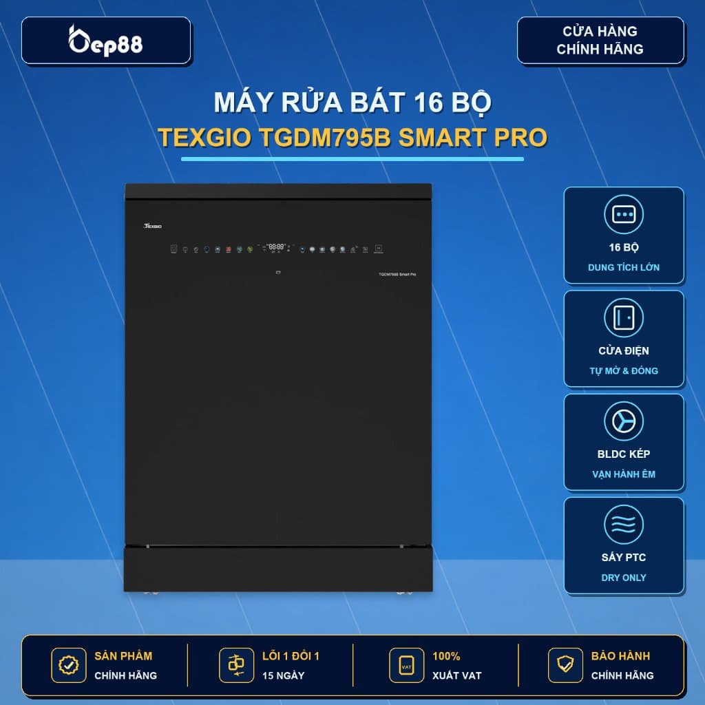 Máy rửa bát Texgio TGDM795B Smart Pro (16 bộ) - Sấy khí nóng, Màn hình màu siêu đẹp, Cửa điện, Tự động mở & đóng cửa