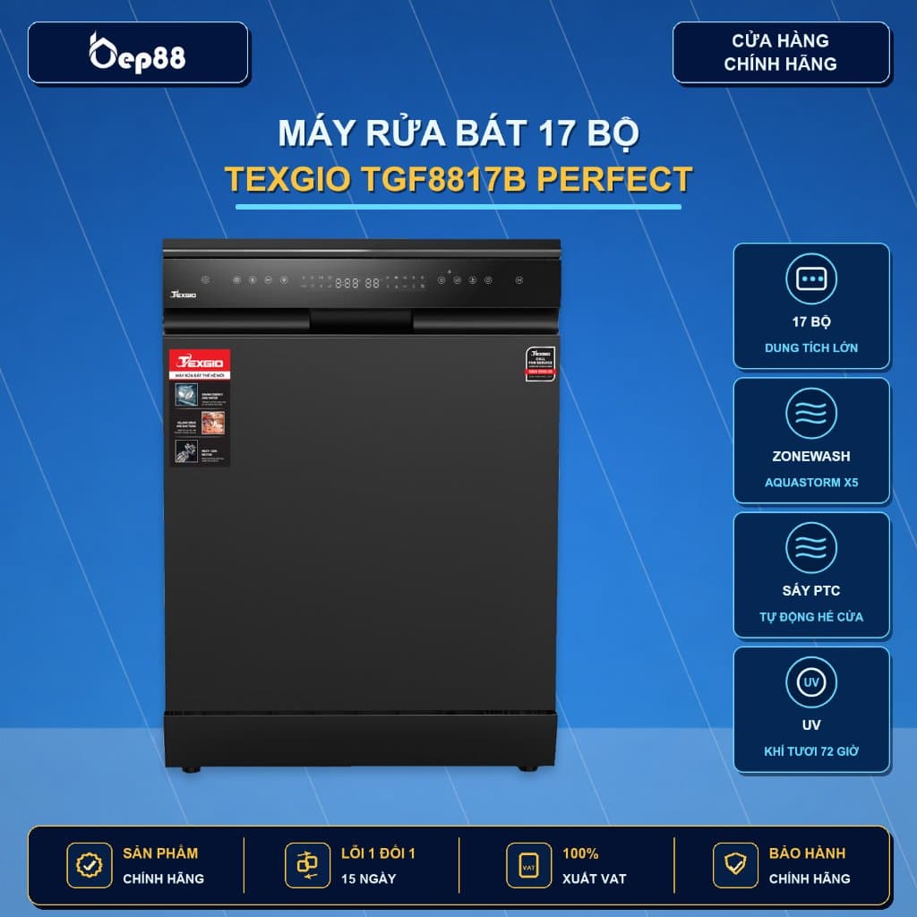 Máy rửa bát Texgio TGF8817B (17 bộ) - Diệt khuẩn UV, Tự Động Hé Cửa, Sấy khí nóng PTC, Chọn Giàn, Bảo Quản Khí Tươi 72h