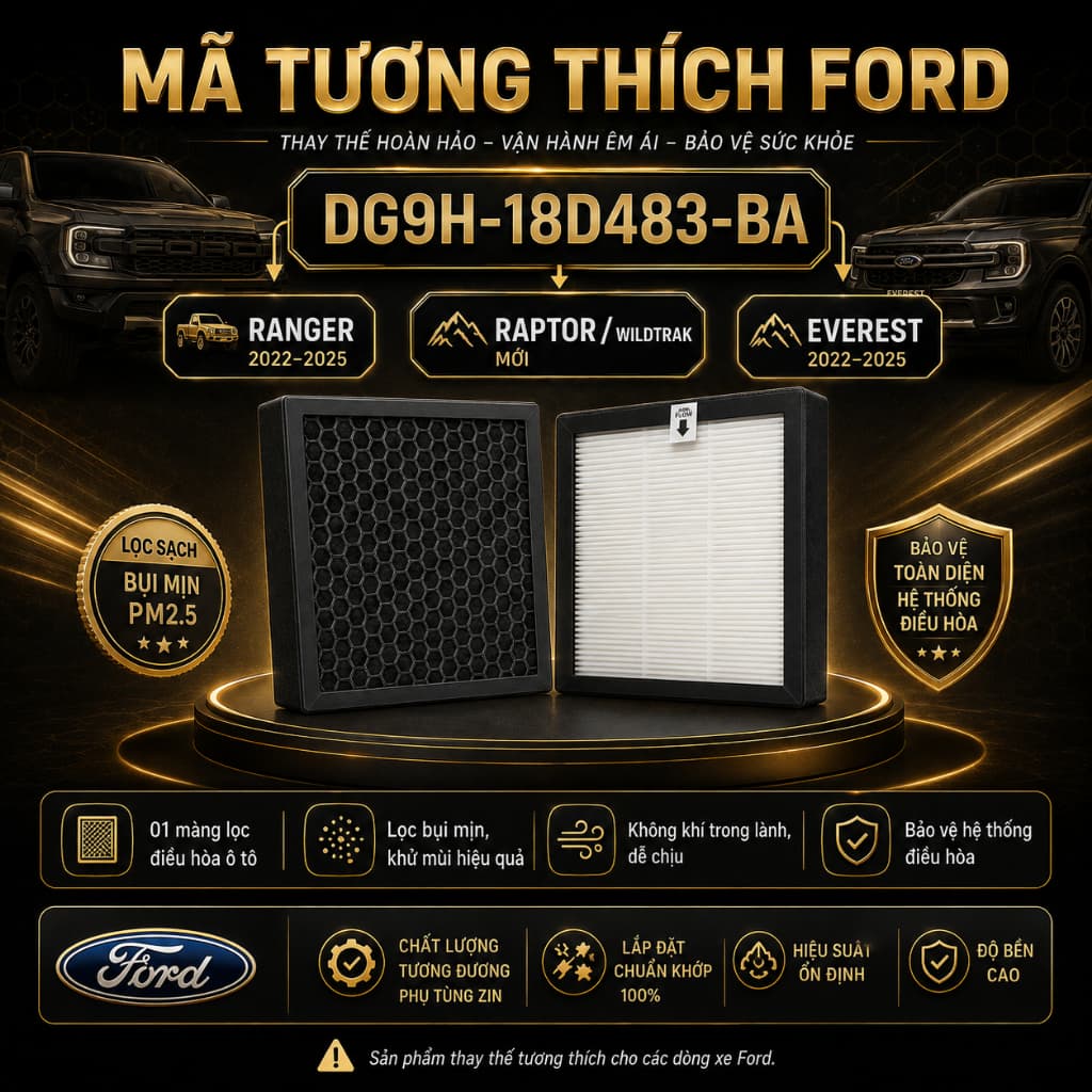 Lọc Gió Điều Hoà Ford ô tô: Ranger đời (22-25), RAPTOR / WILTRACK mới, Ford Everest (22-25) DG9H-18D483-BA