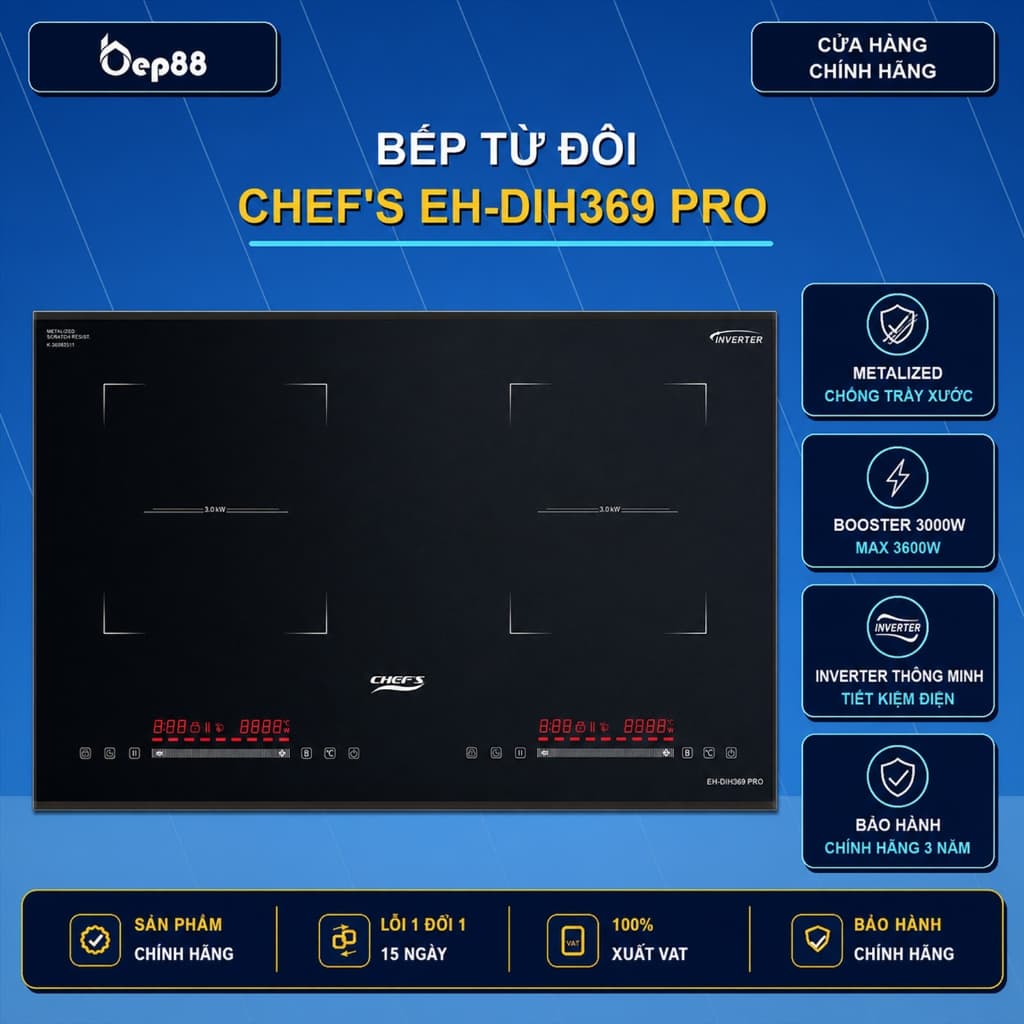 Bếp từ đôi Chef's EH-DIH369 PRO, Mặt kính chống xước, Model 2026, Bảo hành 3 năm