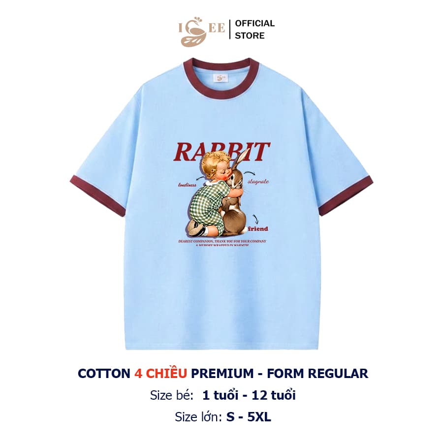 (Có áo trẻ em)  Áo thun Unisex BASIC form rộng vừa, áo gia đình in hình RABBIT & BABY, áo mẹ và bé, ba và bé ISEE VN