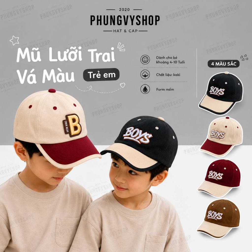 Bé 4-10 tuổi/ Mũ lưỡi trai bé trai gái trẻ em phungvyshop-  Nón /Kết trung Vá Phối SAVE EARTH B BOYS /