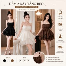 (Tặng Quần) Set Áo Hai Dây Tầng Xoè Tơ Đũi Màu Nâu Tây/Kem Tiểu Thư 1