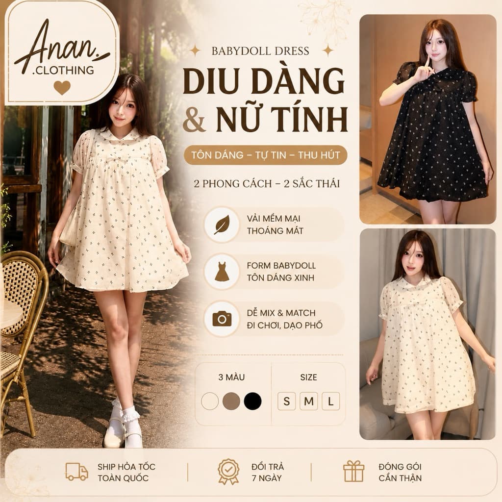 Váy Babydoll Nơ Nhí Cổ Sen Tay Phồng Dáng Suông Tiểu Thư Hàn Quốc Vintage Đen/Kem