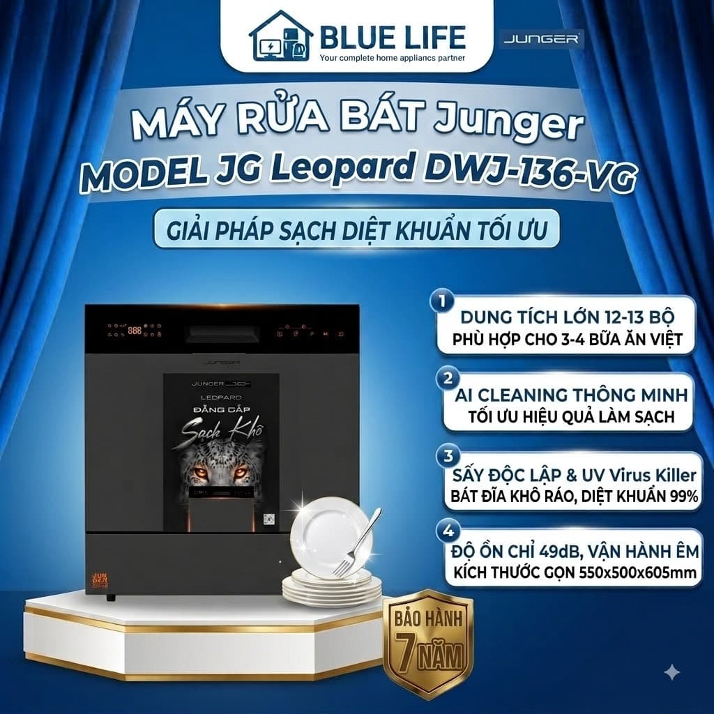 Máy Rửa Chén Bát Junger Leopard DWJ-136-VG 13 bộ, Sấy Độc Lập, 8 Chức Năng, Sạch Khô Khí Nóng, BH 7 Năm