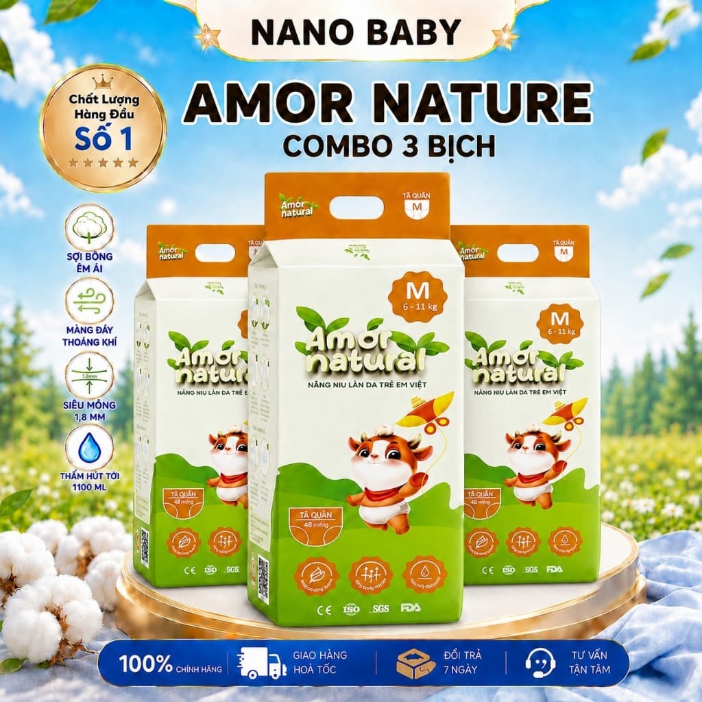 COMBO 3 BỊCH Tã Bỉm AMOR NATURAL  Mặt Bông Organic, Công Nghệ Air Skin Độc Quyền