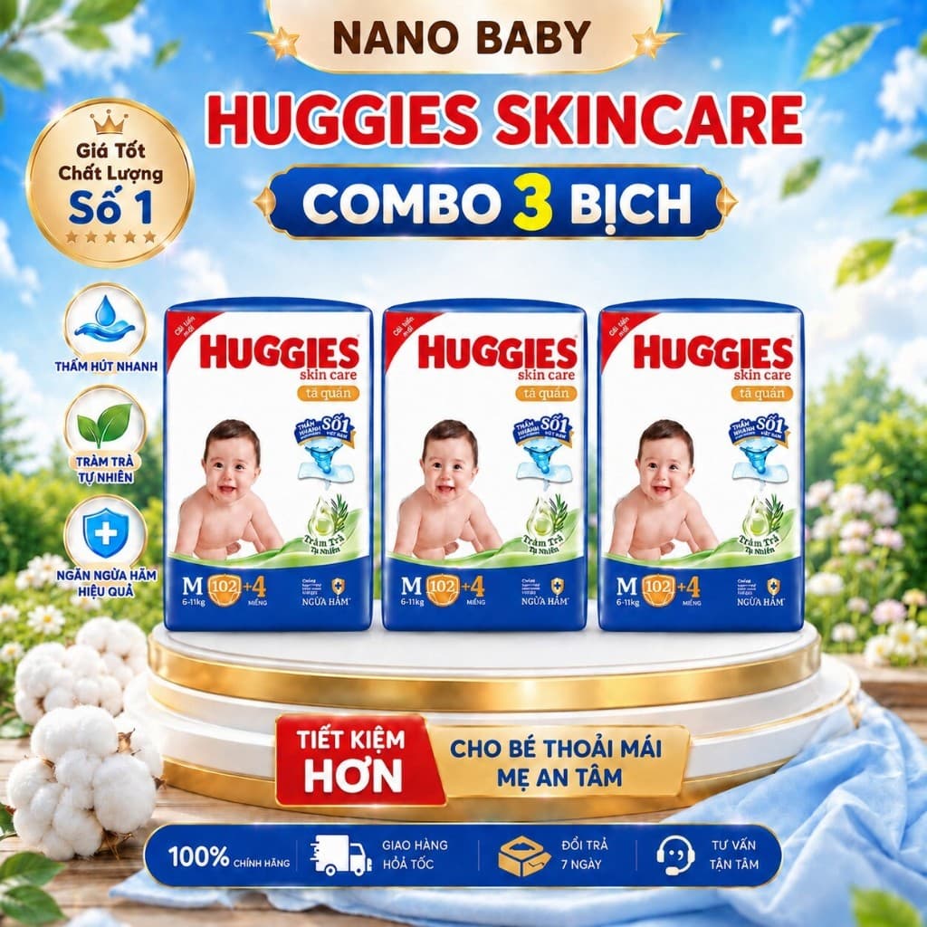(LINK TRỢ GIÁ) COMBO 3 BỊCH Bỉm/Tã quần HUGGIES Skincare Mega Jumbo siêu mỏng thoáng khí cho Bé yêu.