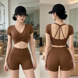 Bộ tập thể thao nữ, set bộ áo croptop mút đúc quần đùi lưng cao thun poly co giãn BT905 3