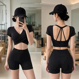 Bộ tập thể thao nữ, set bộ áo croptop mút đúc quần đùi lưng cao thun poly co giãn BT905 4