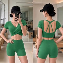 Bộ tập thể thao nữ, set bộ áo croptop mút đúc quần đùi lưng cao thun poly co giãn BT905 6