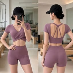 Bộ tập thể thao nữ, set bộ áo croptop mút đúc quần đùi lưng cao thun poly co giãn BT905 5