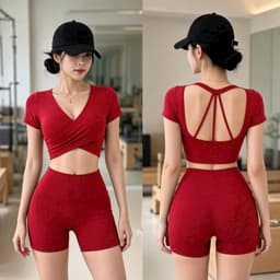 Bộ tập thể thao nữ, set bộ áo croptop mút đúc quần đùi lưng cao thun poly co giãn BT905 2