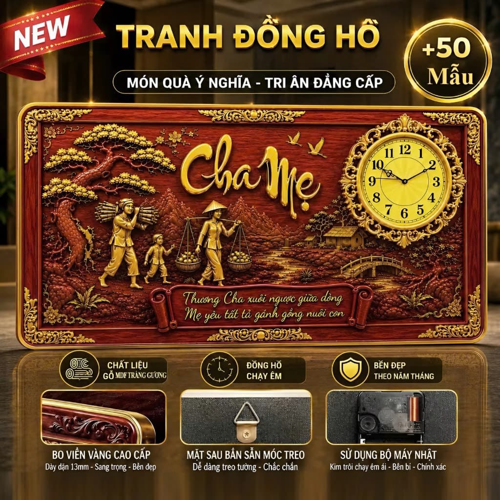 Đồng Hồ Tráng Gương KIM TRÔI "GIẢ VÂN GỖ - MẠ VÀNG " In UV 5D Cao Cấp - Trang trí nhà cửa.
