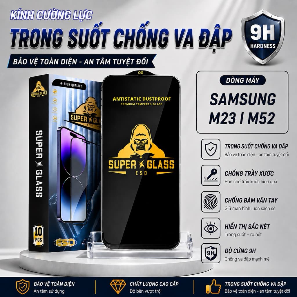 Kính cường lực Samsung M23, M52 5G cao cấp full màn miếng dán bảo vệ màn hình điện thoại khi rơi