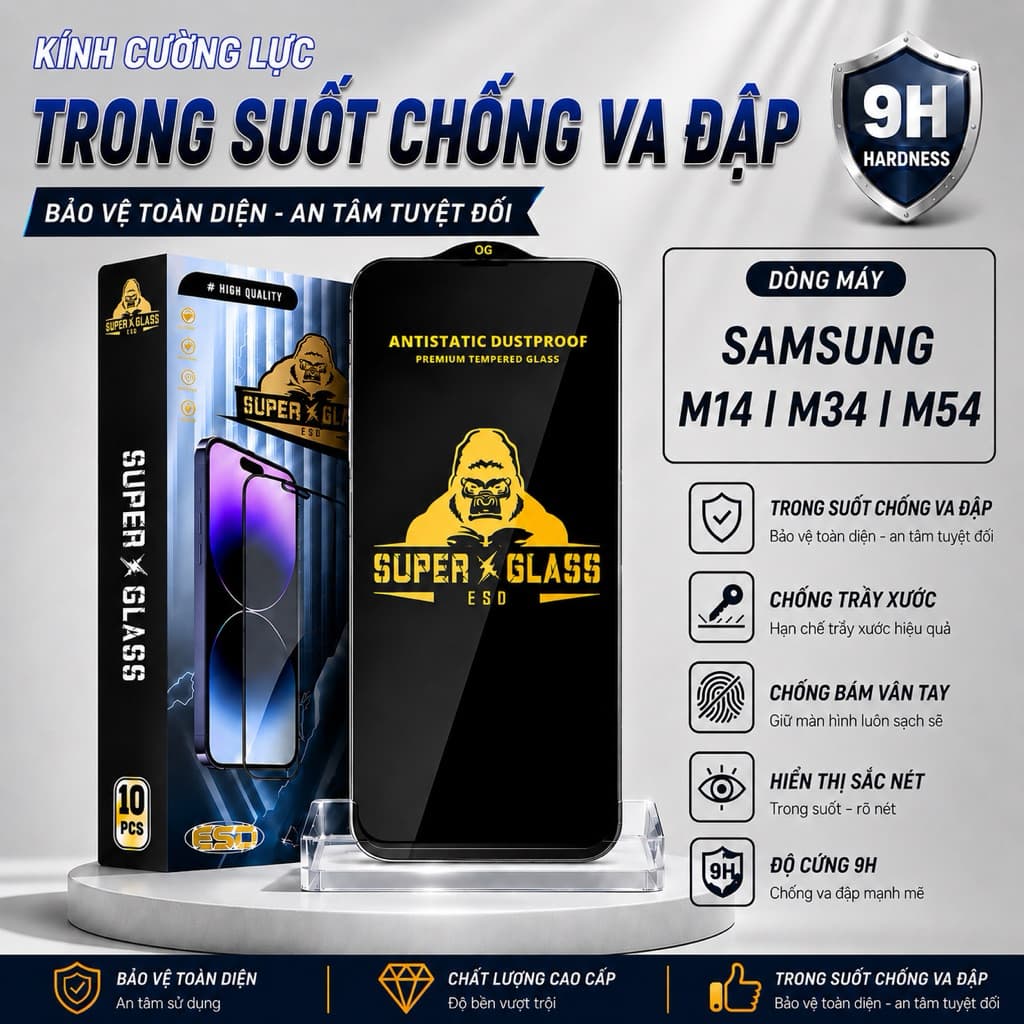 Kính cường lực Samsung M14, M34, M54 5G cao cấp trong suốt Miếng dán bảo vệ màn hình điện thoại ss