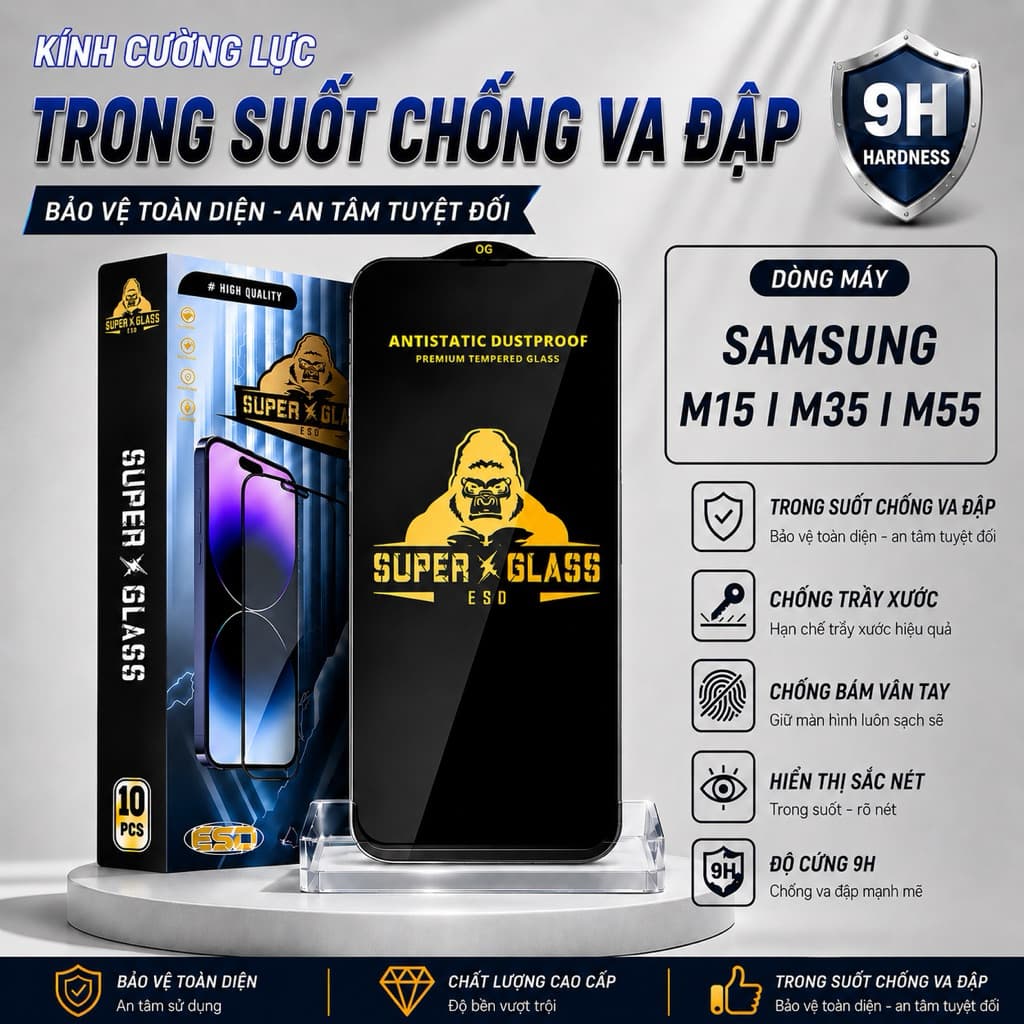 Kính cường lực Samsung M15, M35, M55 5G cao cấp trong suốt full màn miếng dán bảo vệ màn điện thoại