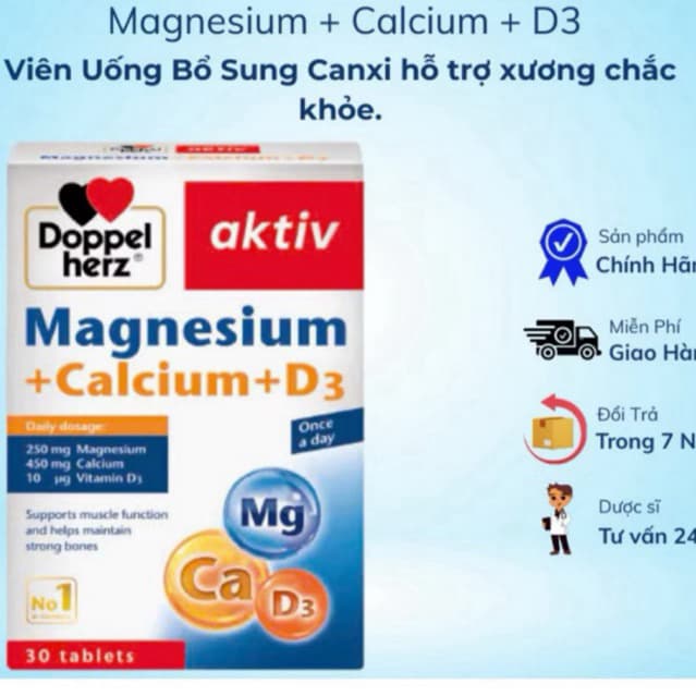Doppelherz  Magnesium + Calcium + D3 (  Hộp 30 Viên) Viên Uống Bổ Sung Magie, Canxi.Phòng Ngừa Loãng Xương