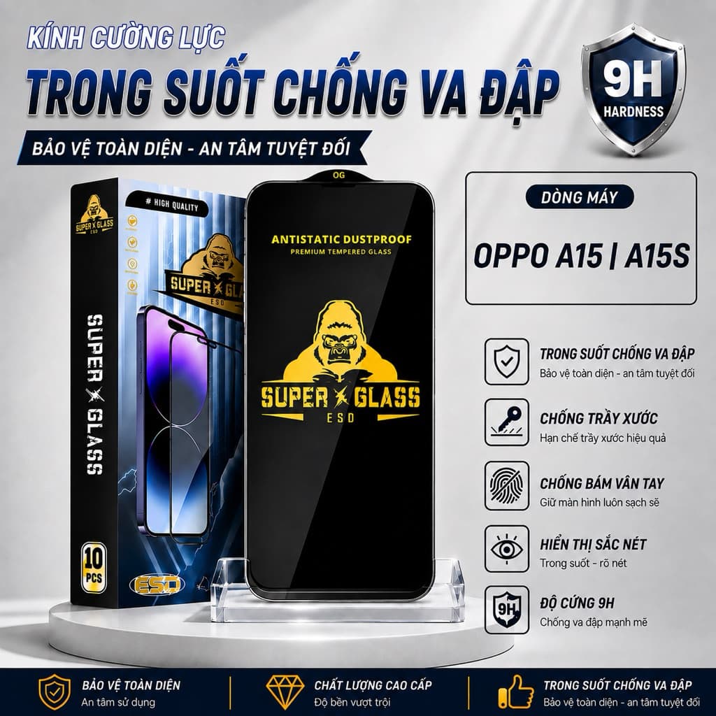 Kính cường lực Oppo A15, A15S cao cấp thế hệ mới full màn miếng dán bảo vệ màn hình điện thoại