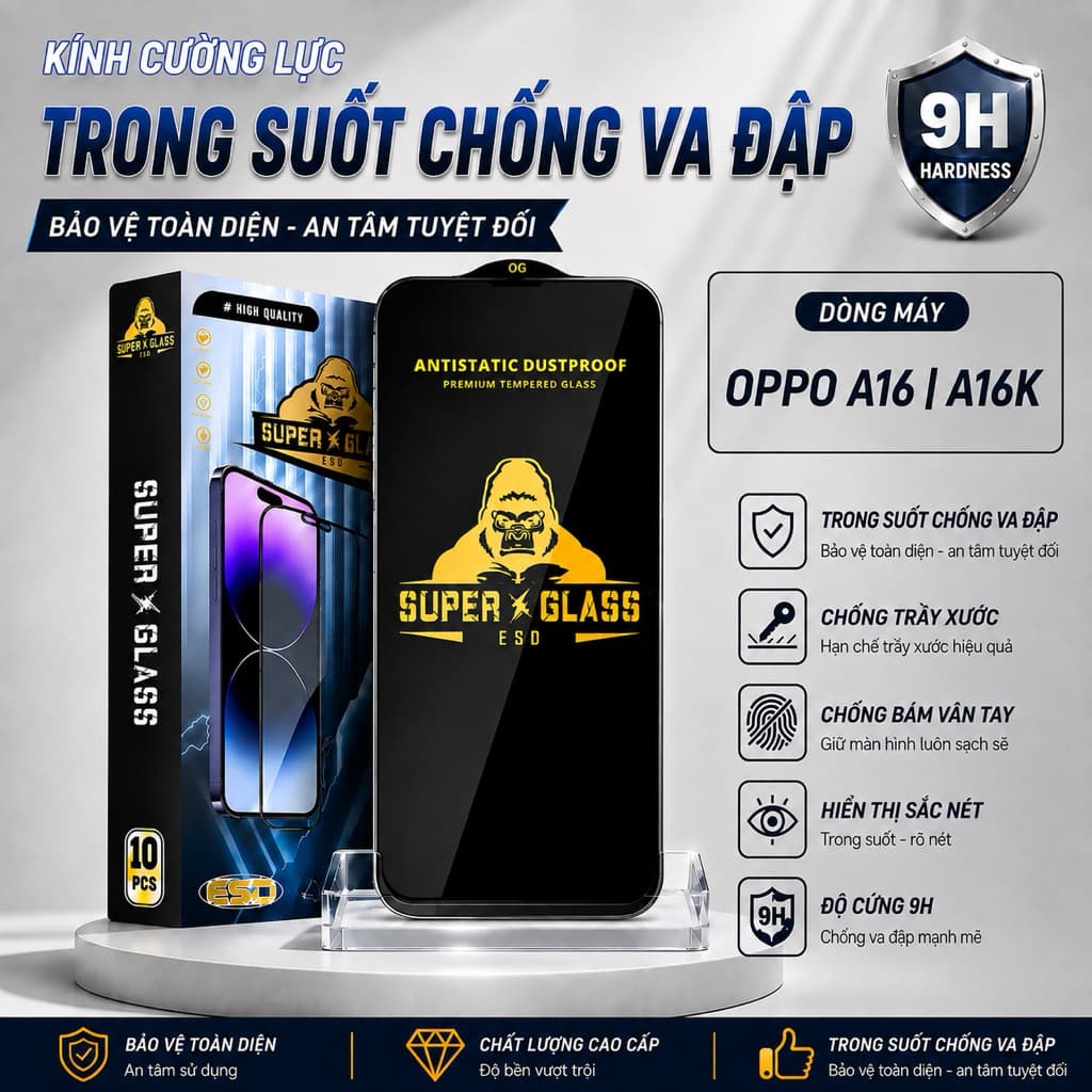 Kính cường lực Oppo A16K, A16 cao cấp thế hệ mới full màn miếng dán bảo vệ màn hình điện thoại
