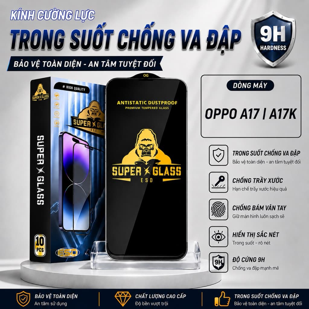 Kính cường lực Oppo A17K, A17 cao cấp thế hệ mới full màn miếng dán bảo vệ màn hình điện thoại