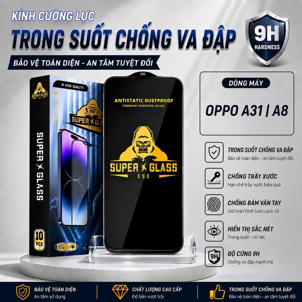 Kính cường lực Oppo A31, A8 cao cấp thế hệ mới full màn miếng dán bảo vệ màn hình điện thoại