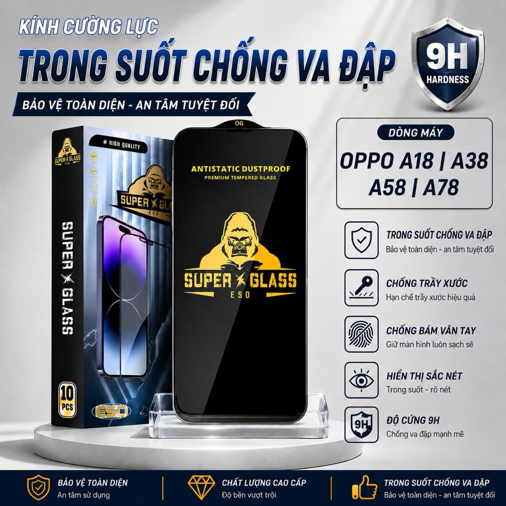 Kính cường lực Oppo A18 / A38 / A58 / A78 4G 5G cao cấp full màn miếng dán bảo vệ màn hình điện thoạ